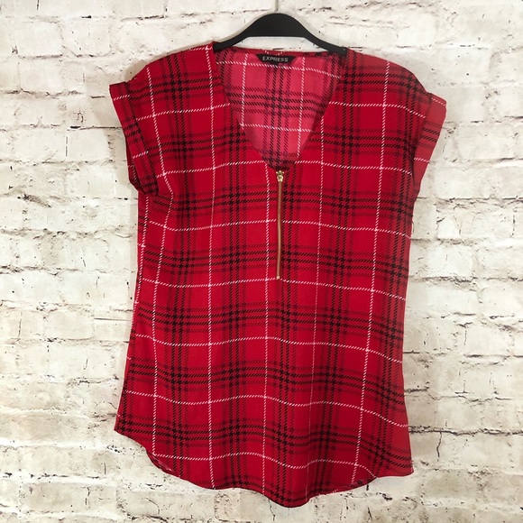 Express Tops - NWOT express red plaid short sleeve holiday shirt